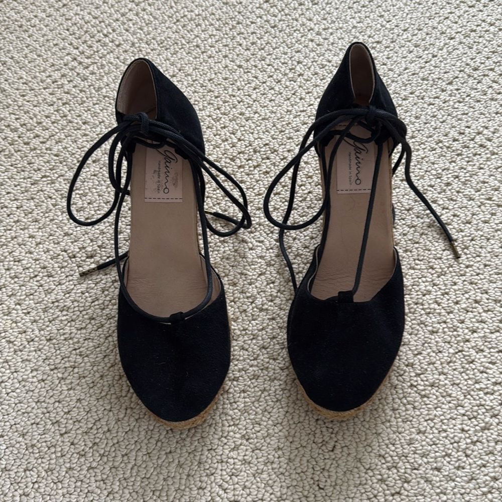 Anthropologie Gaimo Black Suede Tie Up Espadrille Wedges Size: 40